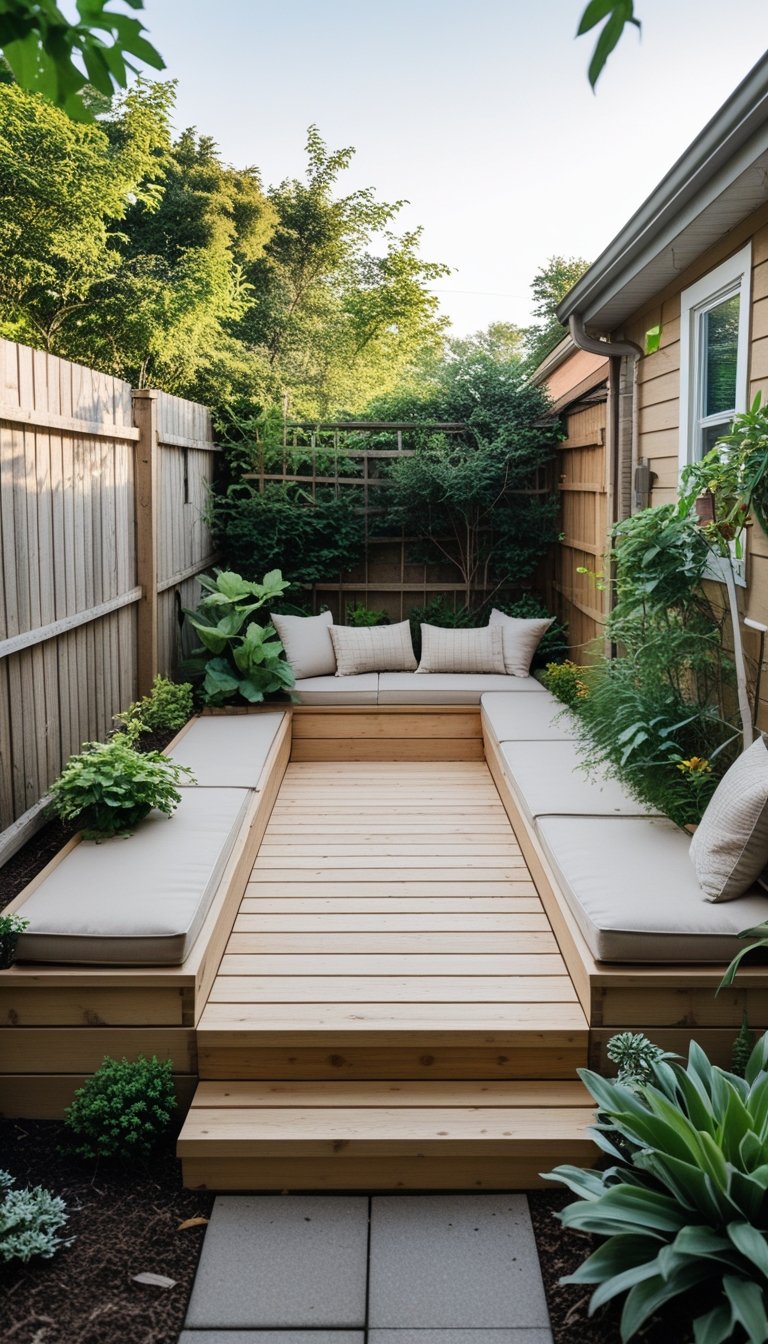 Small backyard with a low wooden deck and built-in bench seating surrounded by plants.