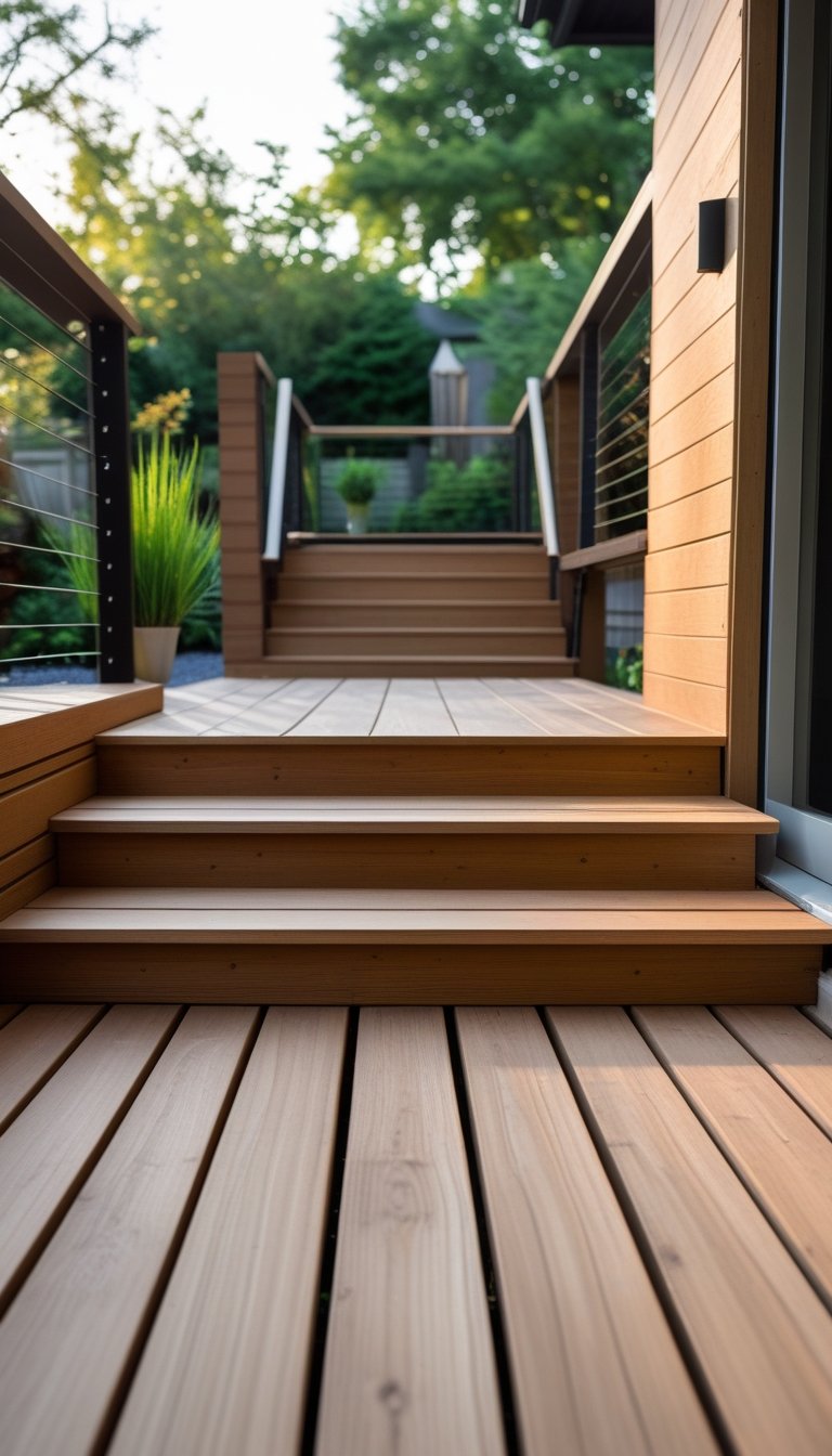 Outdoor wooden deck stairs with a landing spanning a narrow stairway surrounded by greenery.
