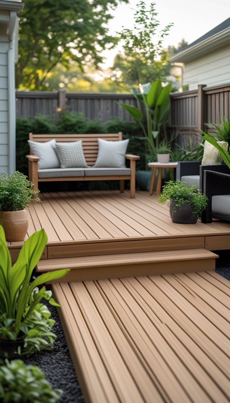 A small backyard deck with natural wood tone composite decking, surrounded by plants and outdoor furniture.