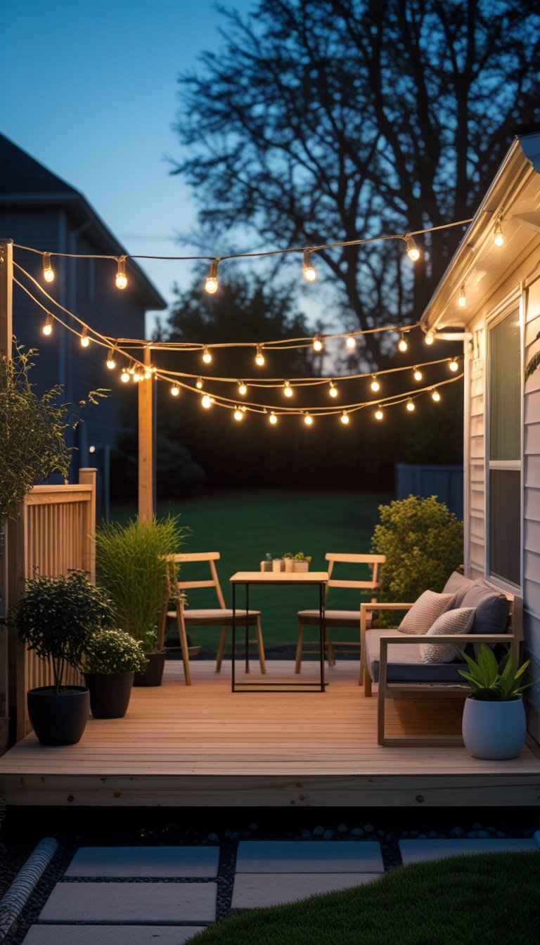 Small backyard deck with string lights, outdoor seating, and plants in the evening.