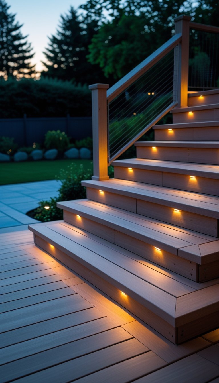 Outdoor wooden deck stairs with a landing illuminated by built-in lights at dusk.