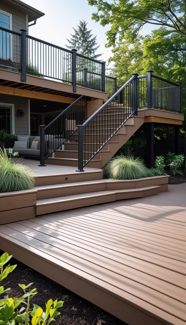 Outdoor deck staircase with a wide landing made of durable weather-resistant materials surrounded by greenery.