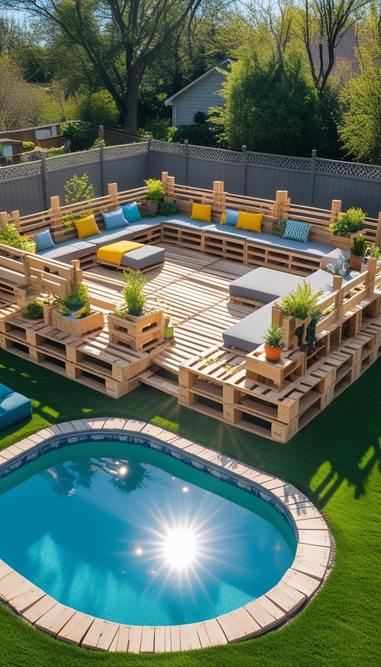 Above ground pool in a backyard surrounded by various wooden pallet deck designs with seating, plants, and outdoor furniture on a sunny day.