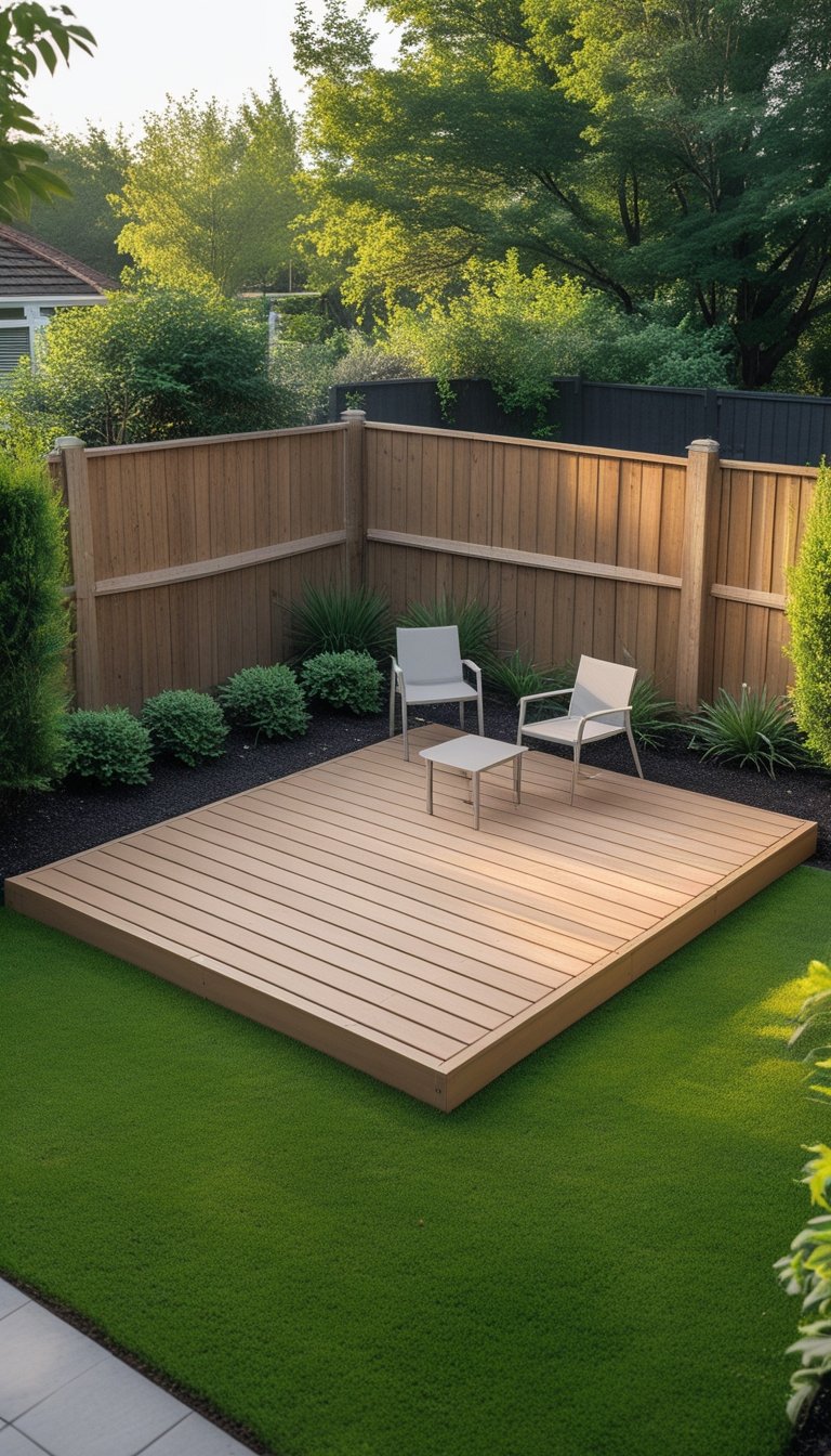 A small backyard with a simple square wooden deck surrounded by grass and plants, featuring two chairs and a small table.