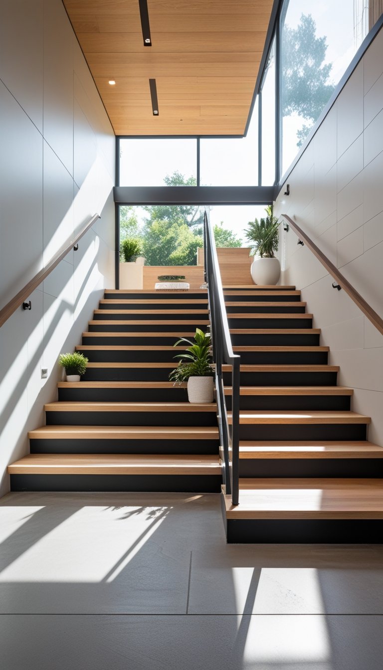 A compact landing between two short flights of stairs in a bright interior space with wooden steps and metal railings.