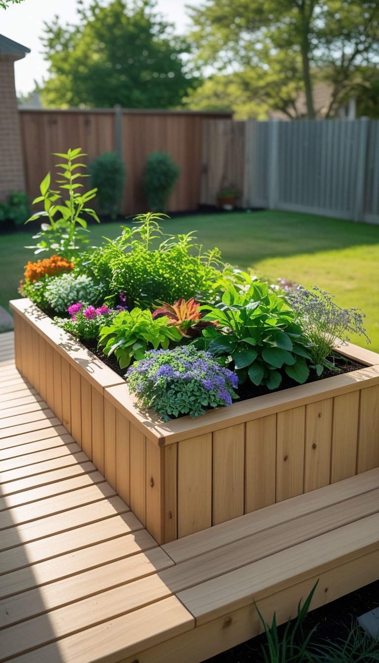 Small backyard deck with built-in planter boxes filled with green plants and flowers, surrounded by grass and trees.