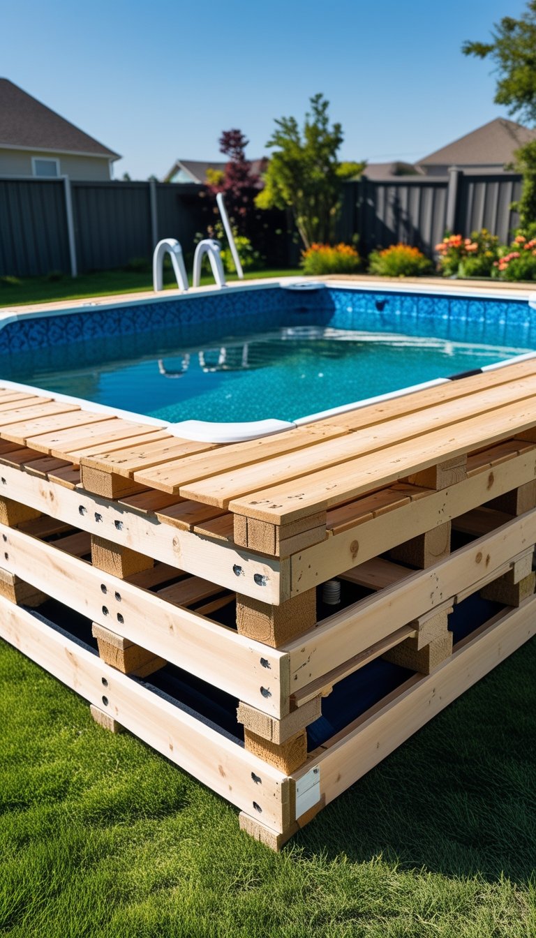 Above-ground pool with a sturdy wooden deck made from pressure-treated pallets surrounded by grass and plants.