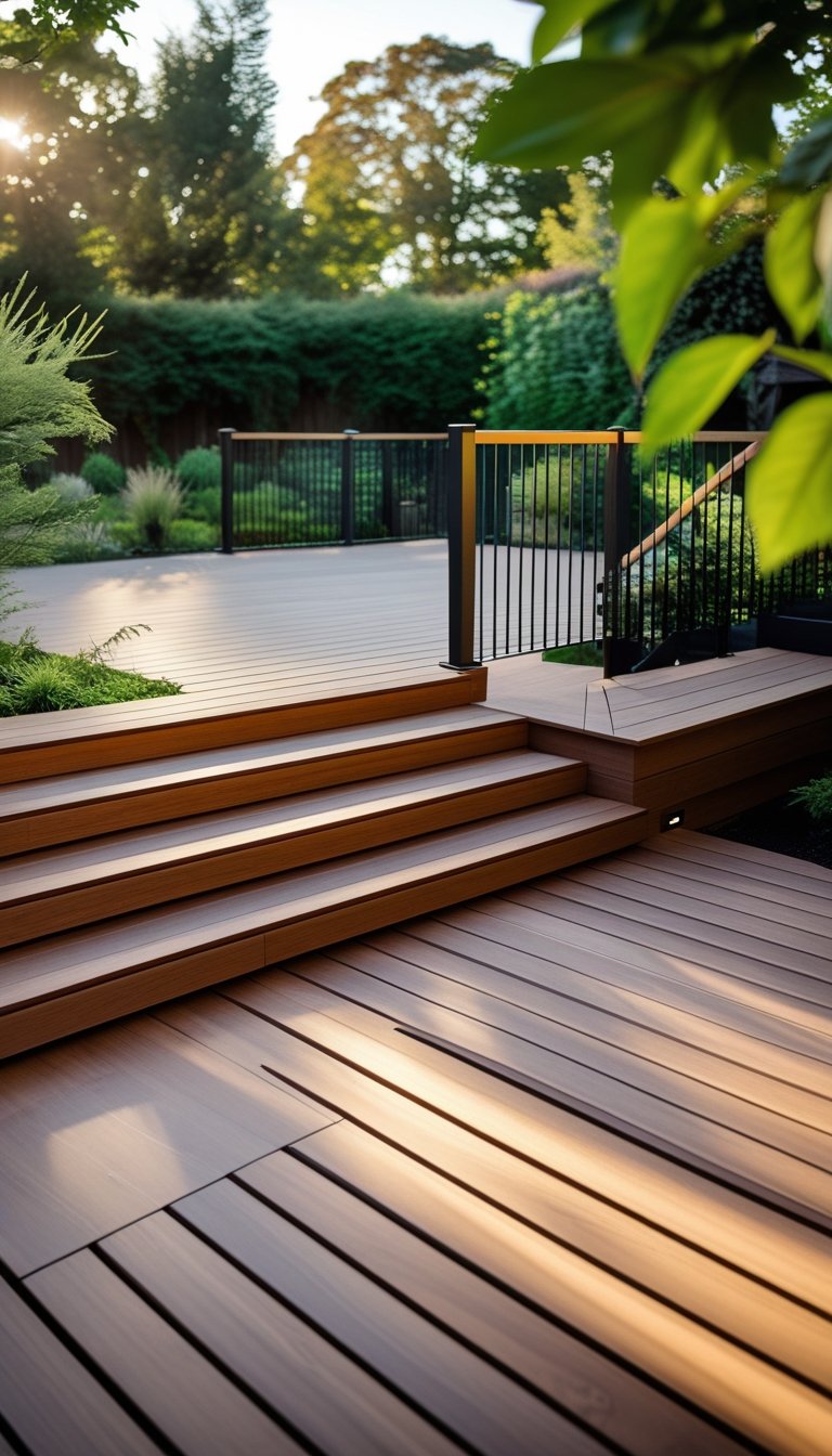 Outdoor wooden deck with stairs leading to a landing area surrounded by greenery.