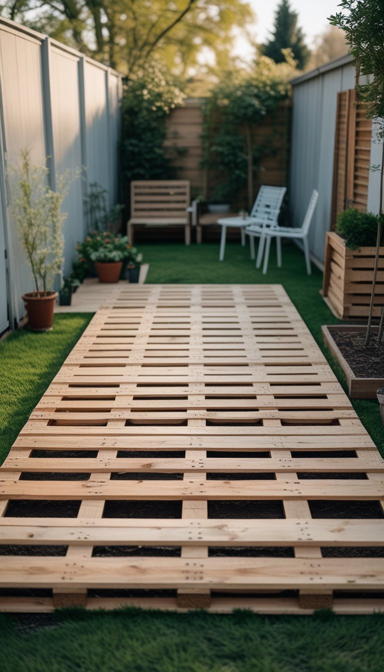 Small backyard with a simple wooden pallet deck surrounded by grass and plants, featuring minimal outdoor furniture.
