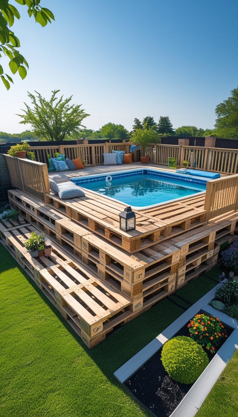 Raised wooden pallet deck surrounding an above ground pool in a sunny backyard with plants and seating.