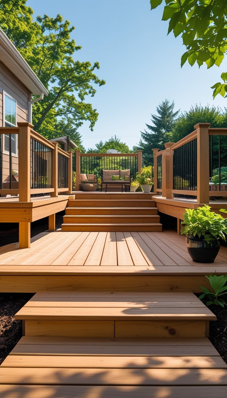 Outdoor wooden deck stairs with a wide landing area featuring seating and surrounded by plants.