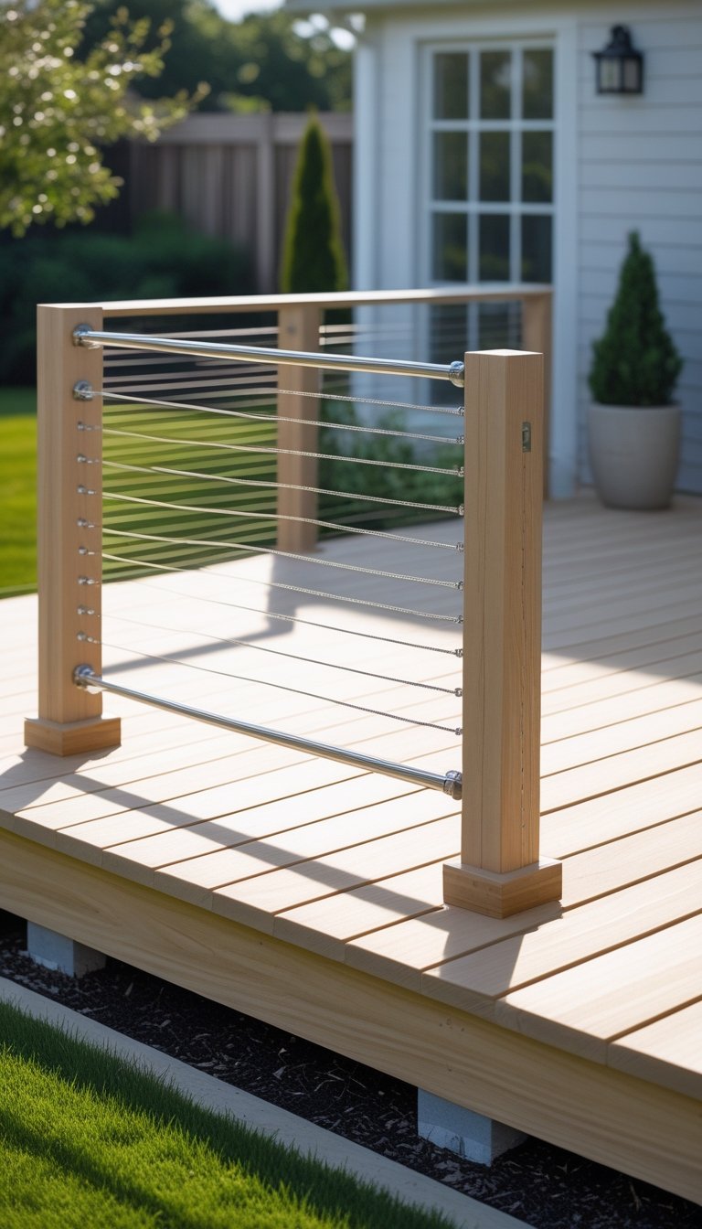 Small backyard deck with wooden floor and metal cable railing surrounded by grass and shrubs.
