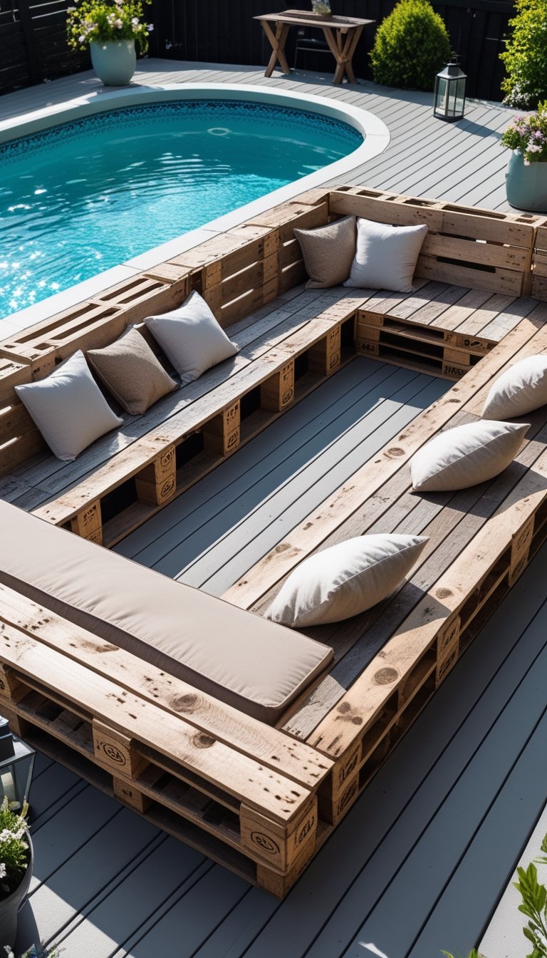 An outdoor deck with built-in pallet wood benches surrounding an above ground pool, featuring cushions and plants.