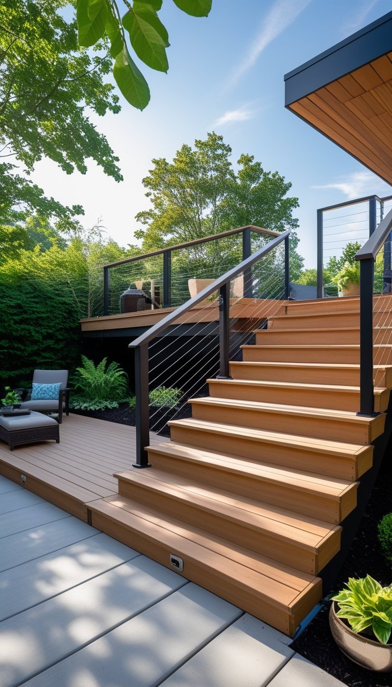 Outdoor wooden deck stairs with a landing surrounded by greenery under a clear sky.
