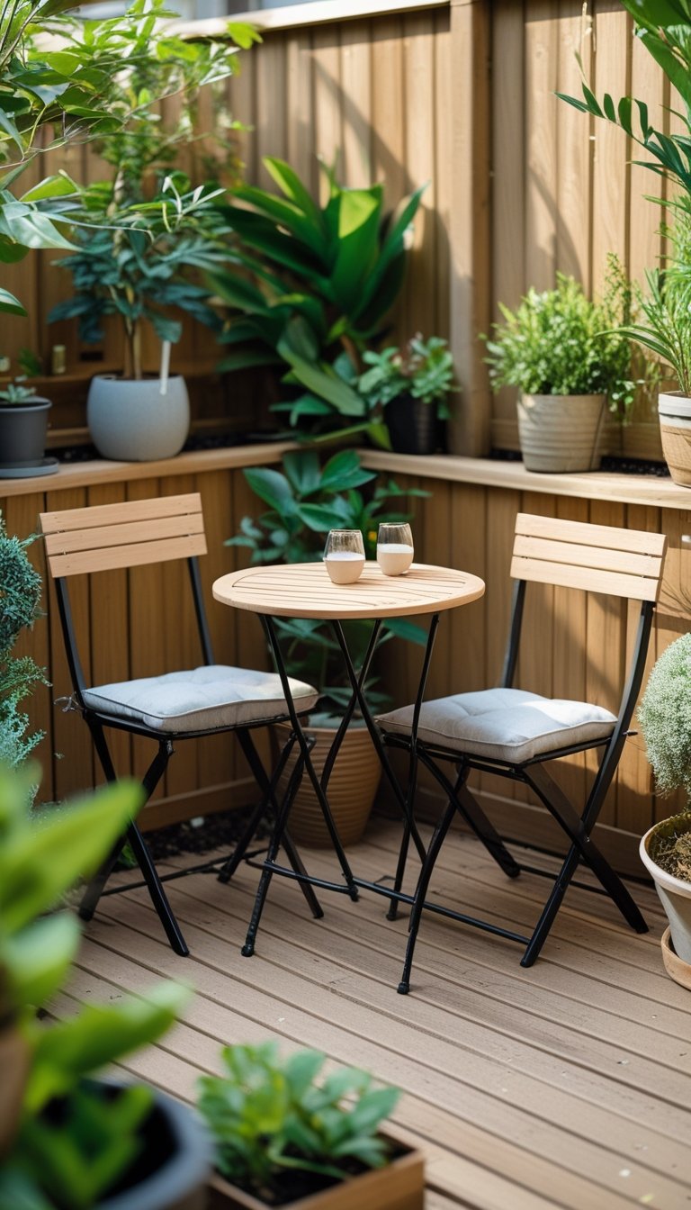 Small backyard corner deck with a compact round bistro table and two chairs surrounded by plants.