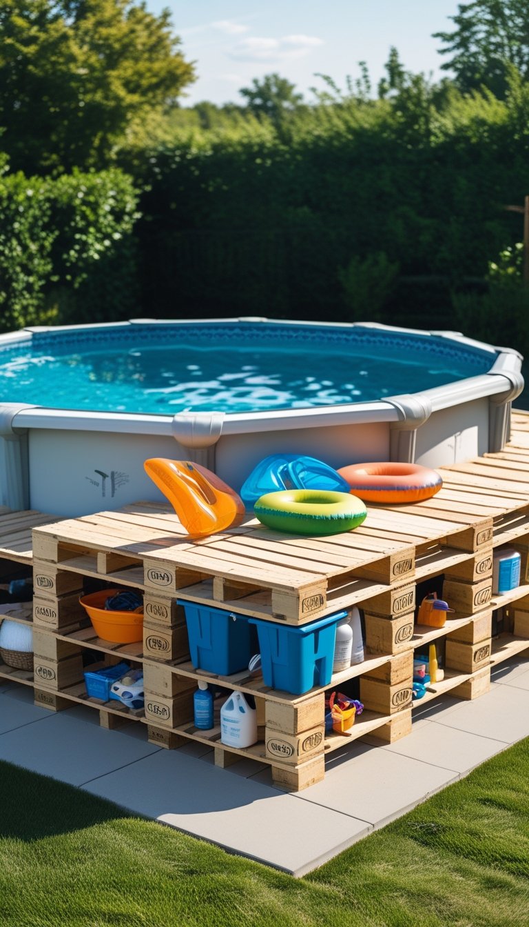 Above ground pool with a wooden pallet deck that has built-in storage space underneath holding pool supplies.