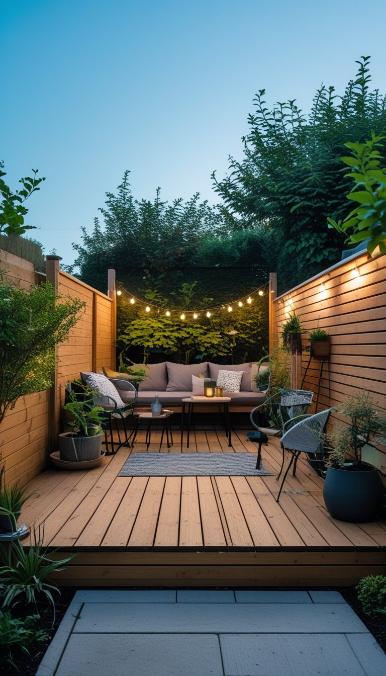 Small backyard deck with simple wooden furniture, plants, and outdoor lighting in a green garden setting.
