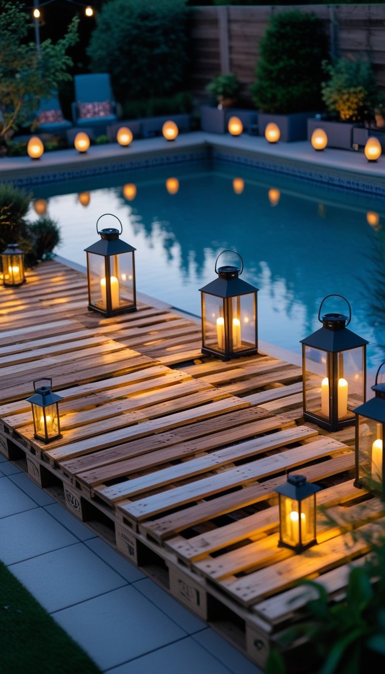 Above ground pool with a wooden pallet deck decorated with glowing outdoor lanterns during evening time.
