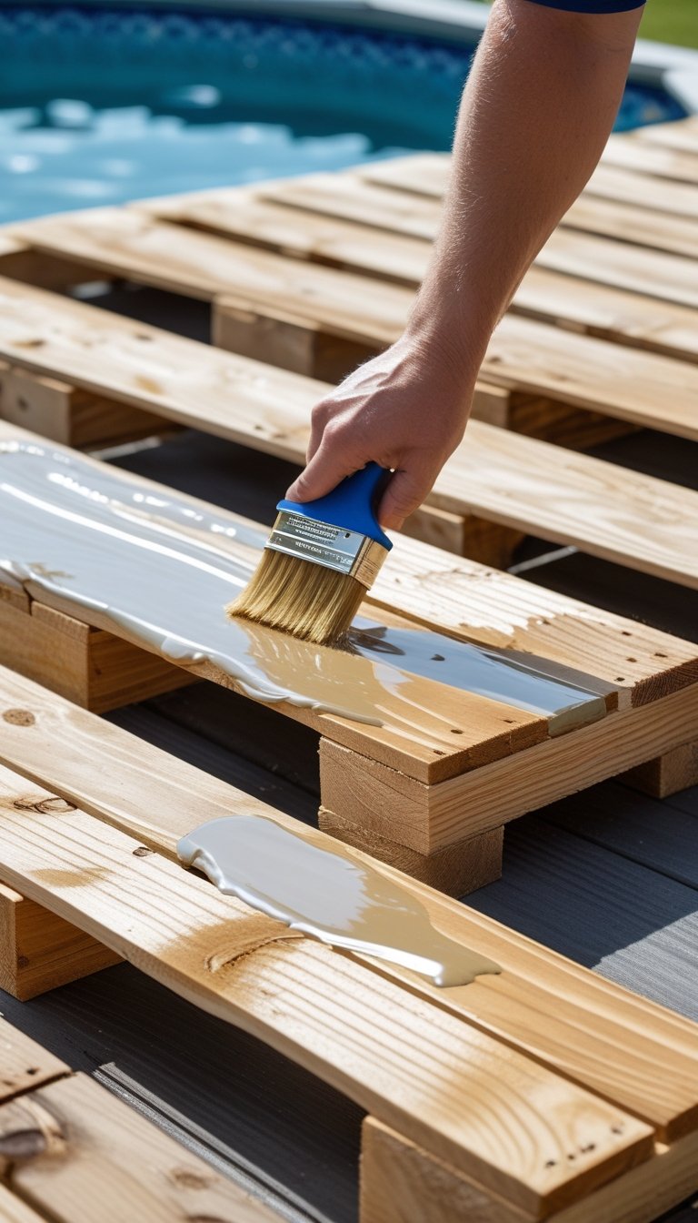 Person applying weatherproof sealant with a brush to wooden pallet boards near an above ground pool.