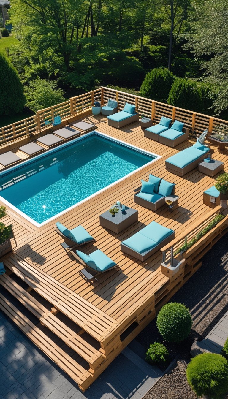 A multi-level wooden deck with lounge furniture surrounding an above ground pool on a sunny day.