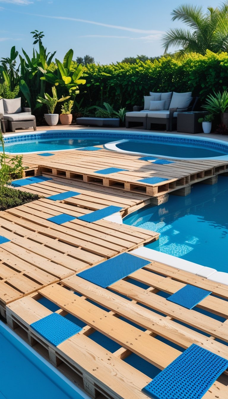 An above ground pool surrounded by a wooden pallet deck with visible non-slip surface treatments, outdoor furniture, and greenery.