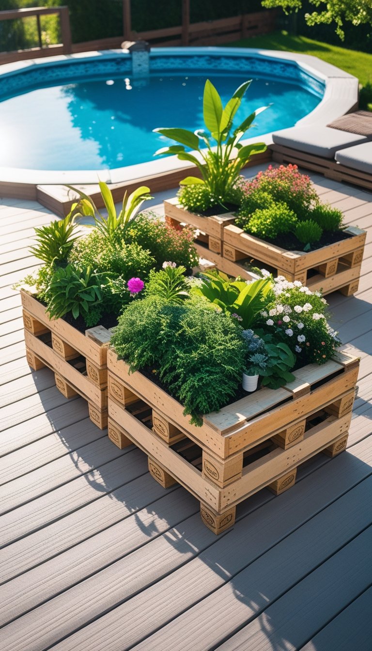 An above ground pool surrounded by a wooden pallet deck with pallet planters filled with green plants and flowers.
