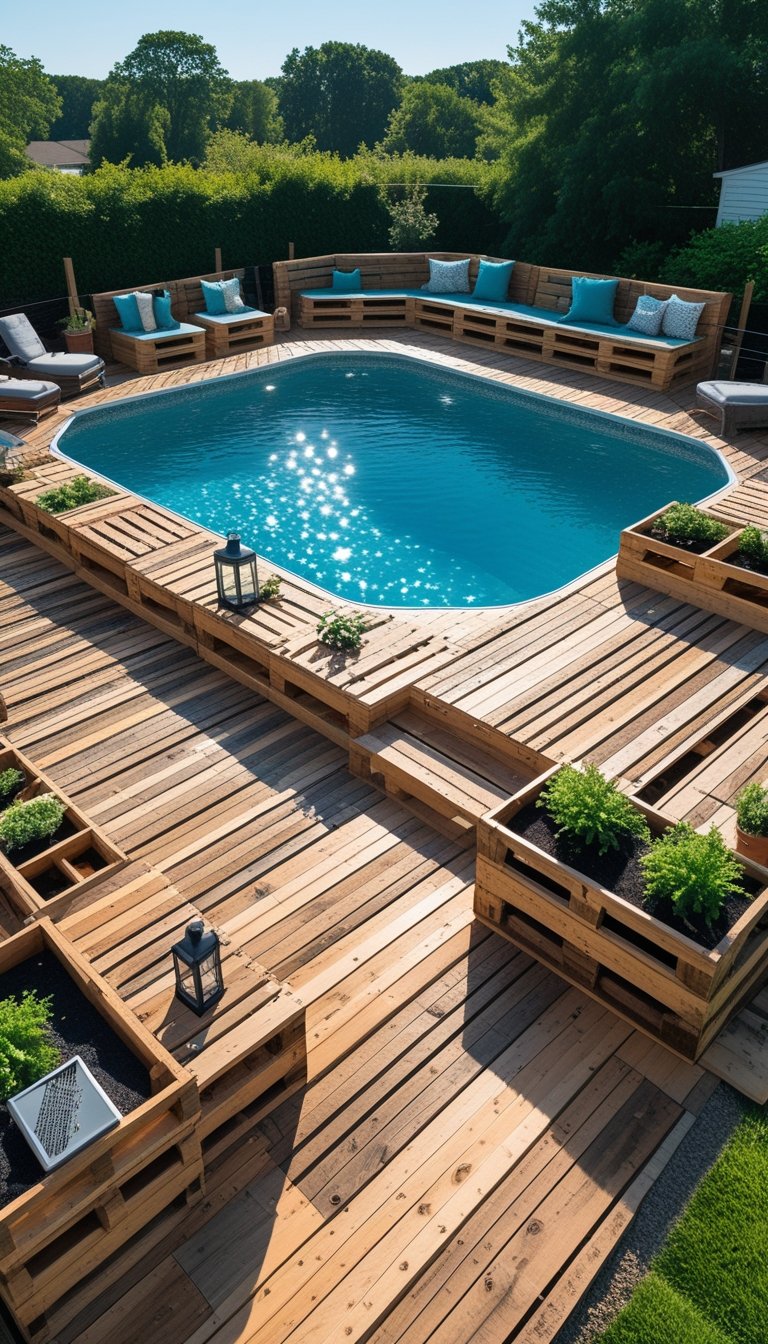 An above ground swimming pool surrounded by a wooden deck made from reclaimed pallets, with seating and plants around it under a clear sky.