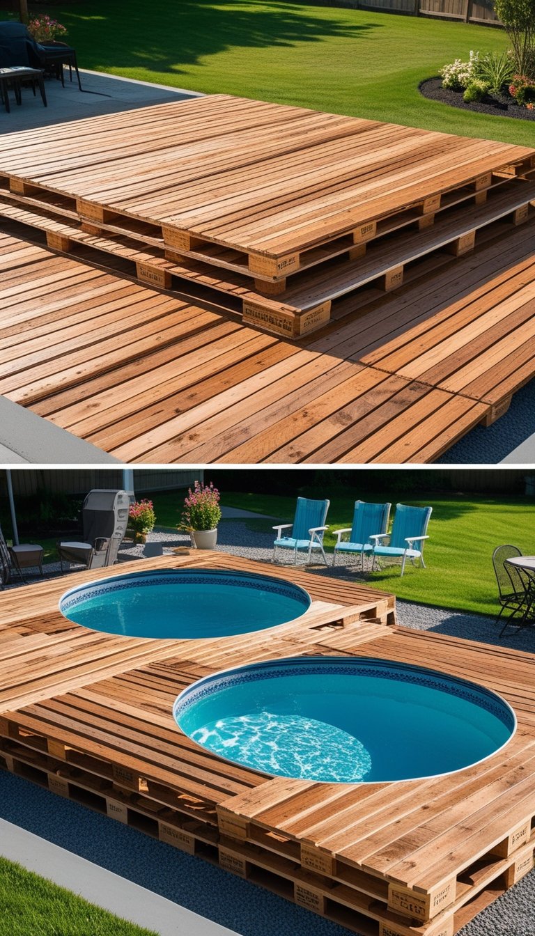 A sturdy hardwood pallet deck surrounding a clear blue above ground pool in a backyard with grass and outdoor furniture.