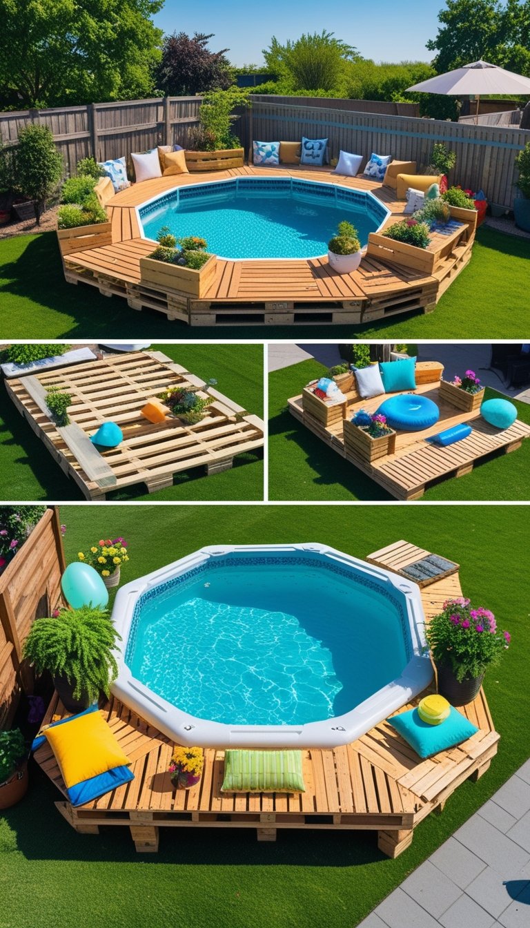 Above ground pool surrounded by various creative wooden pallet decks with seating and plants in a sunny backyard.
