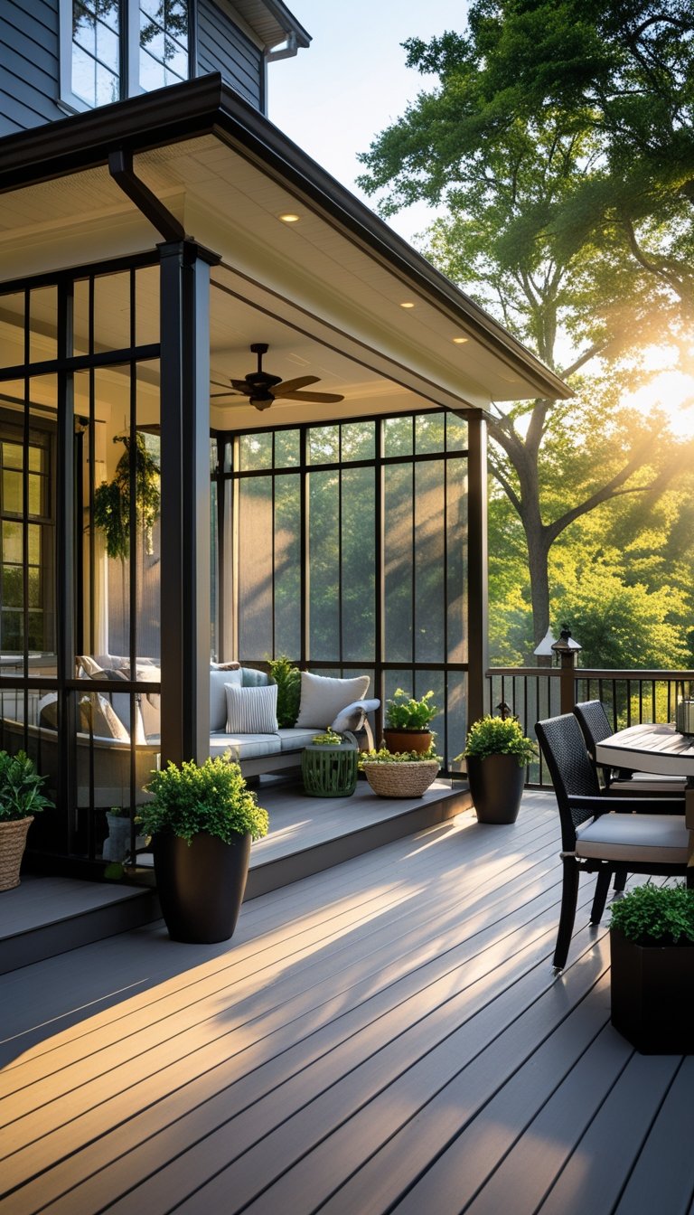 An outdoor living space featuring a half screened-in porch connected to a half open wooden deck with seating and plants surrounded by trees.