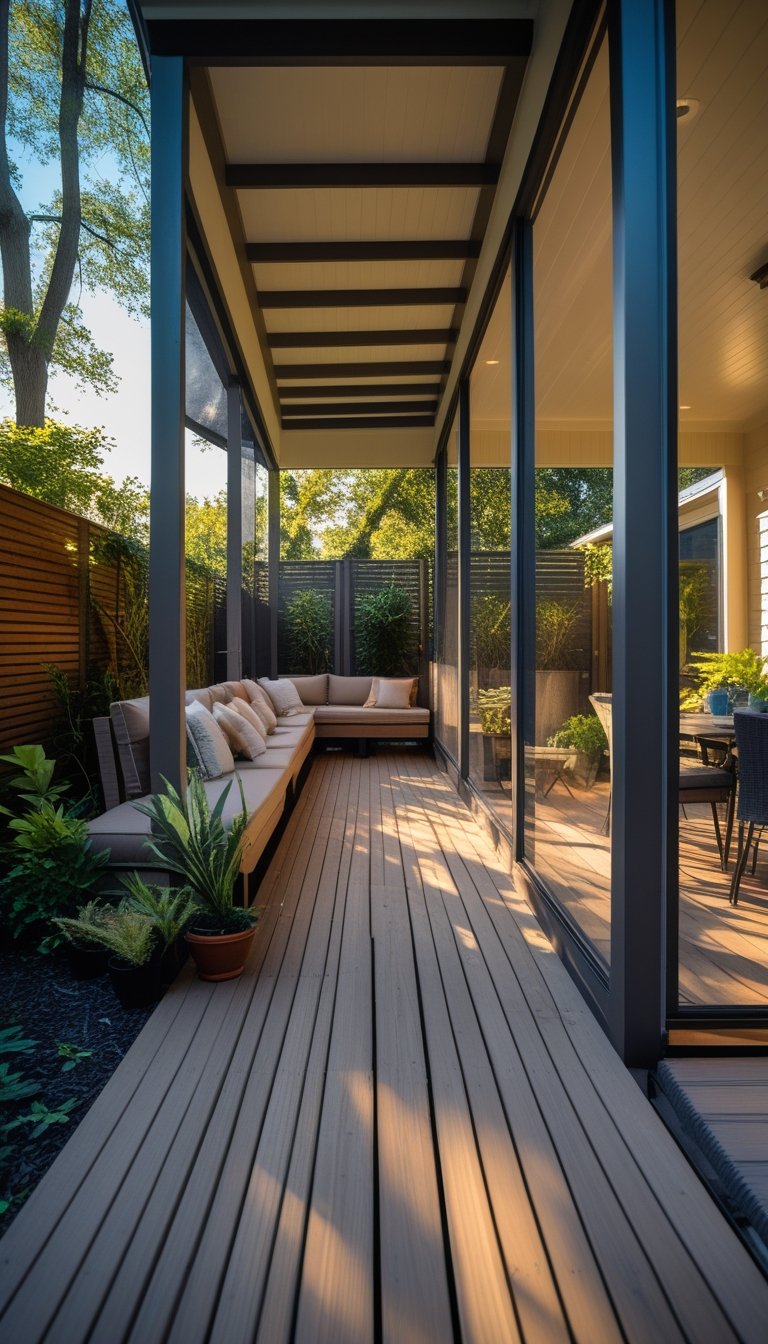 A split-level outdoor space with a screened porch on one side and an open wooden deck on the other, surrounded by plants and outdoor furniture.