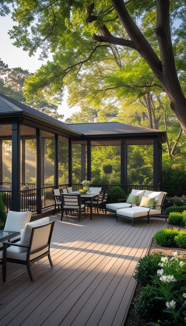 L-shaped porch with a screened dining area and an open lounging space overlooking a garden.
