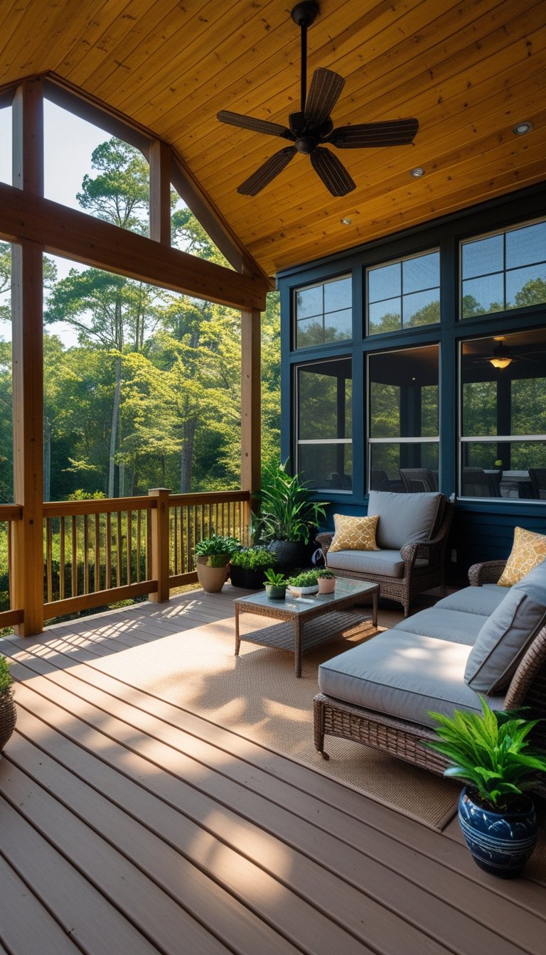 Outdoor wooden deck connected to a screened porch with comfortable seating and greenery surrounding the area.