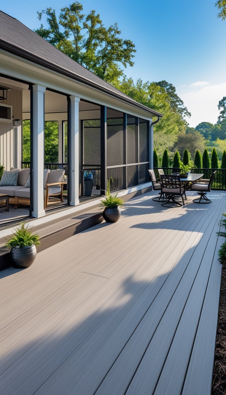 Outdoor living space with a half screened porch connected to a half open composite deck surrounded by greenery.