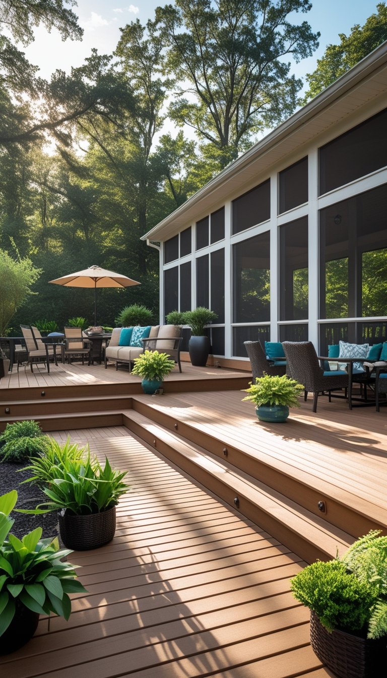 A multi-level wooden deck connected to a screened porch with outdoor seating and dining areas surrounded by plants and trees.