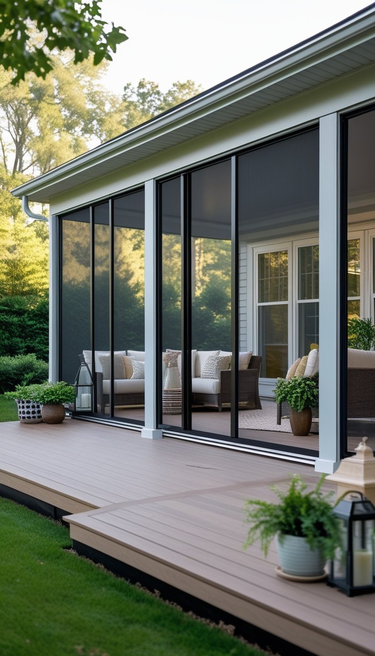Outdoor living space with a half screened-in porch and half open deck featuring retractable screens partially extended, surrounded by greenery.