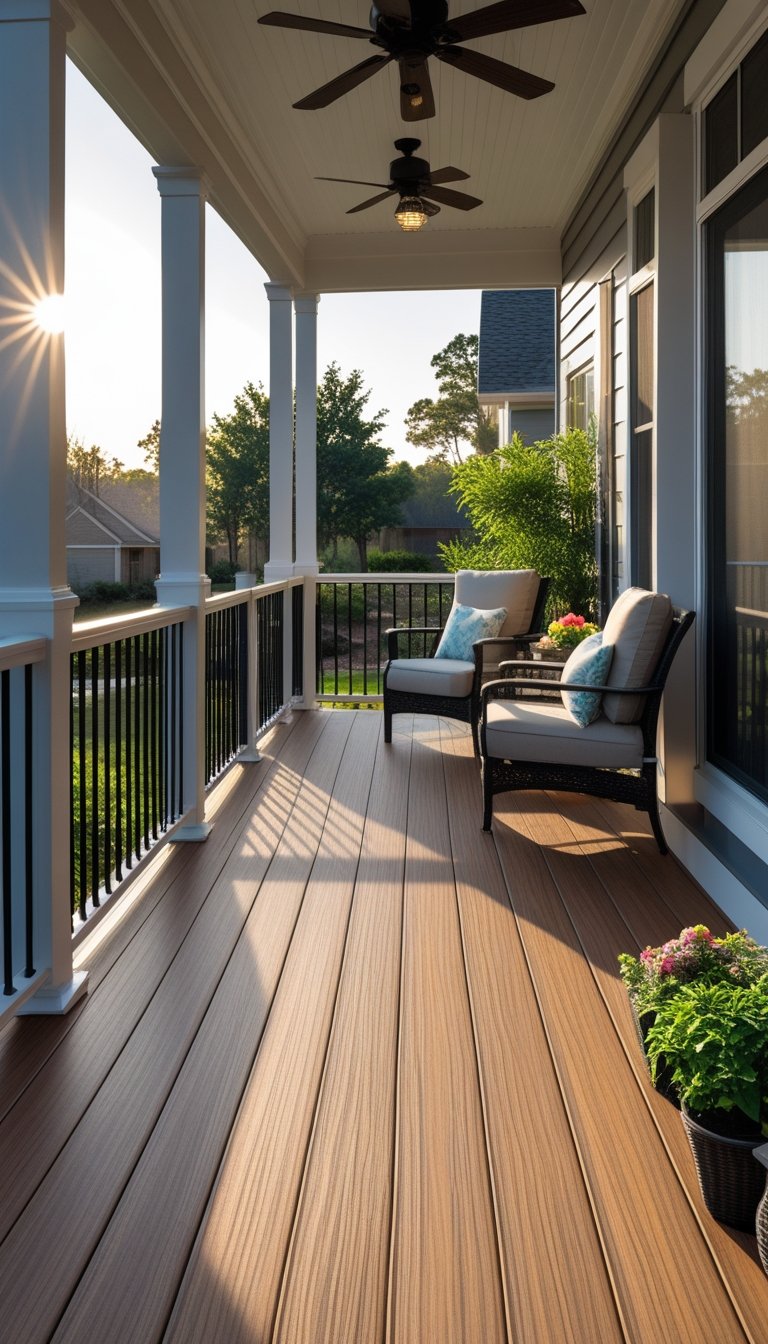Outdoor living space with composite decking and a screened porch attached to a house, featuring outdoor furniture and plants.