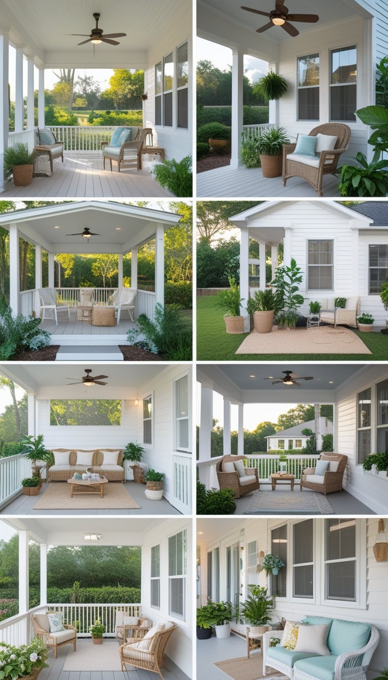 A collection of ten simple screened-in porches with seating and plants in a garden setting.