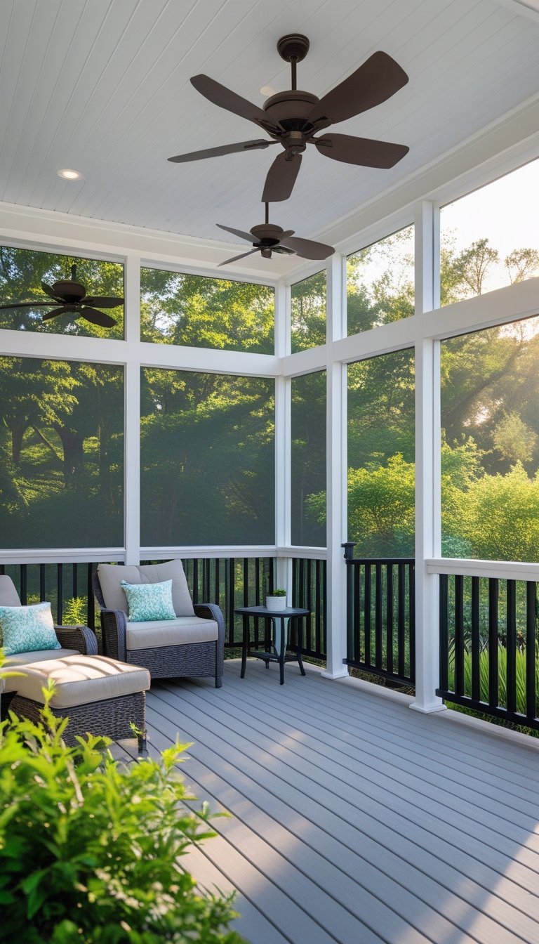 A half screened-in porch with ceiling fans installed, connected to a wooden deck, featuring outdoor seating and surrounded by greenery.