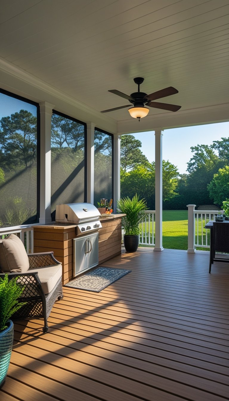 An L-shaped screened porch connected to a grilling deck in a backyard with outdoor seating and a grill.