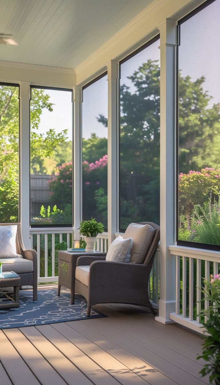 A screened-in porch with bug screens, comfortable seating, and a view of a green garden outside.