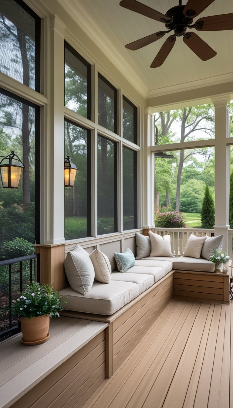 A screened porch with built-in wooden seating along the edges, connected to an open deck overlooking a green garden.