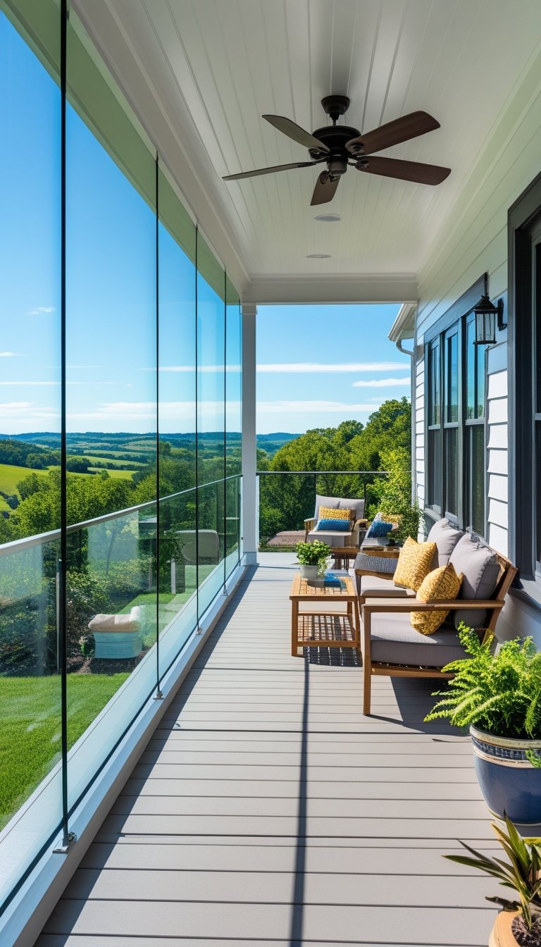 A porch and deck combination with glass-panel railings overlooking a green landscape under clear blue skies.