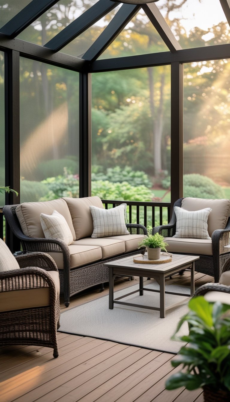Screened-in porch with comfortable outdoor seating and weatherproof cushions overlooking a green garden.