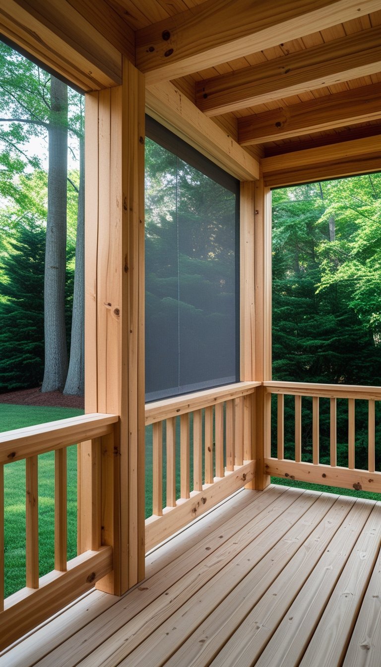 A rustic screened porch framed with wooden beams and an adjoining wooden deck overlooking a green backyard.