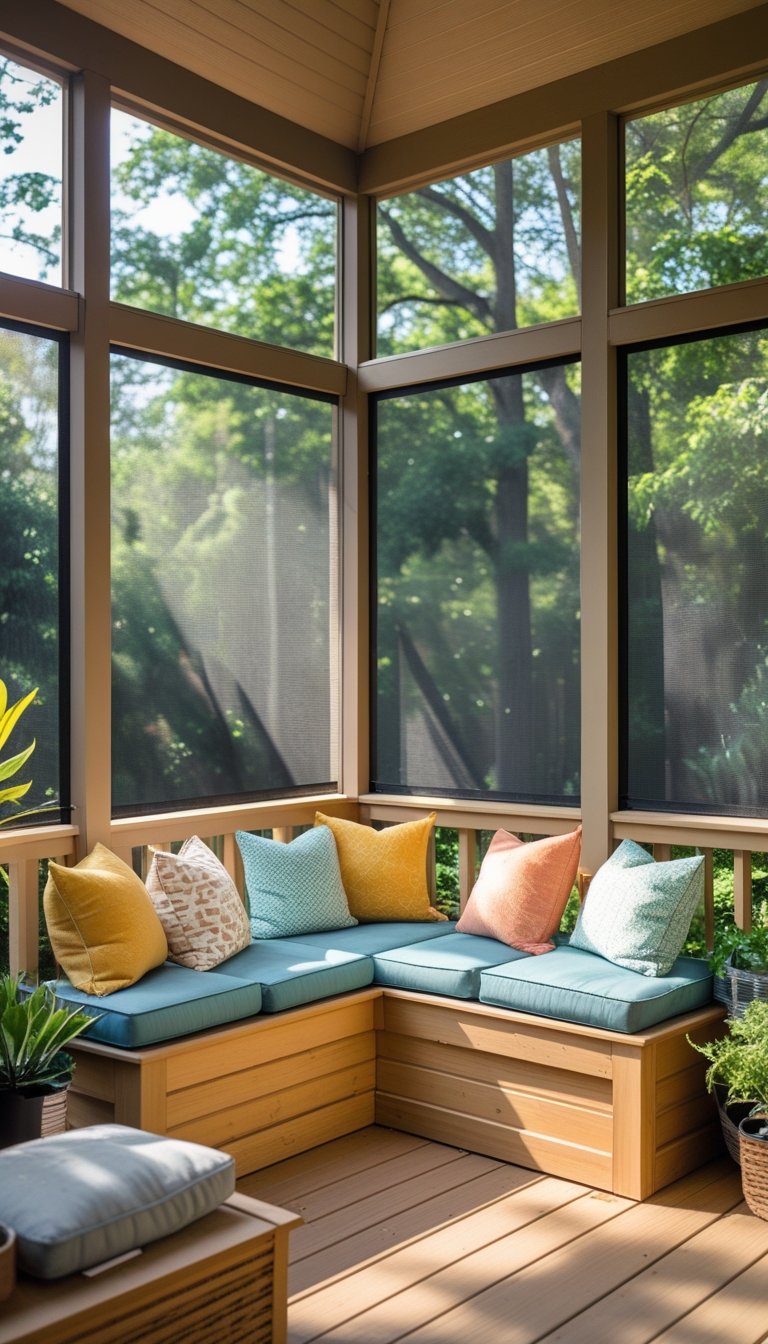 Built-in wooden bench seating with cushions inside a screened porch overlooking a green garden.