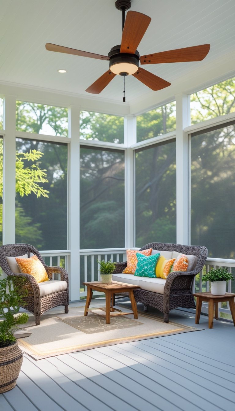 A screened-in porch with a ceiling fan, wicker chairs with cushions, a coffee table with a plant, and greenery visible outside.