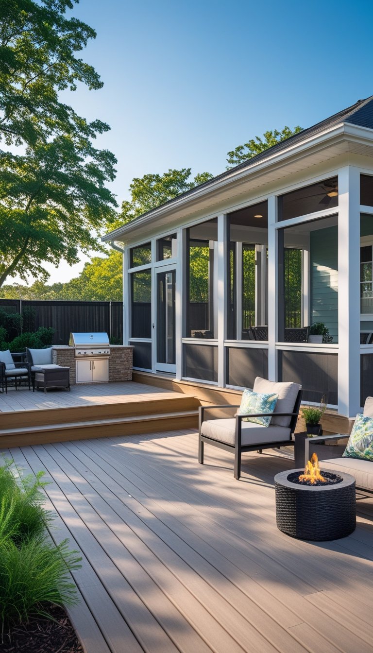 Outdoor living space with a half screened porch and a half uncovered wooden deck featuring a grill and a fire pit surrounded by seating.
