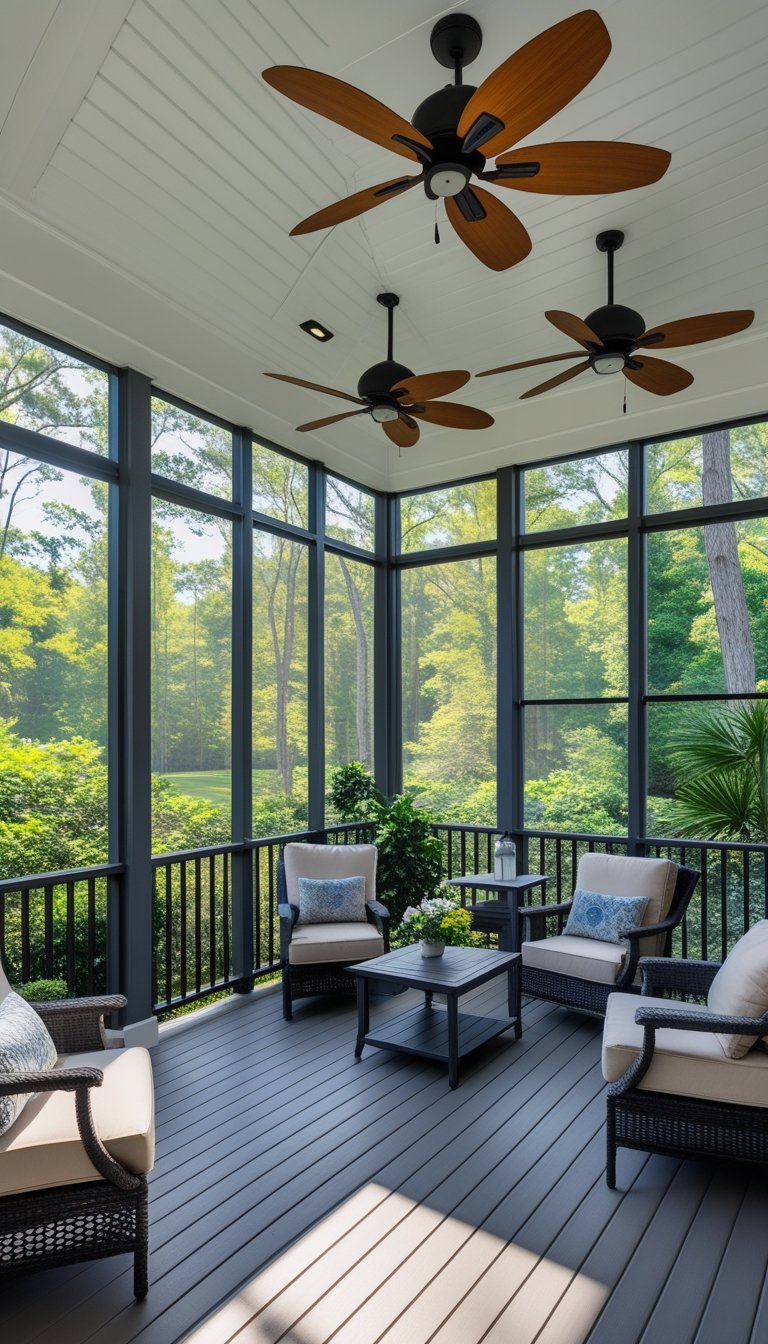 Spacious screened porch with modern ceiling fans, comfortable outdoor seating, and greenery visible through the screens.