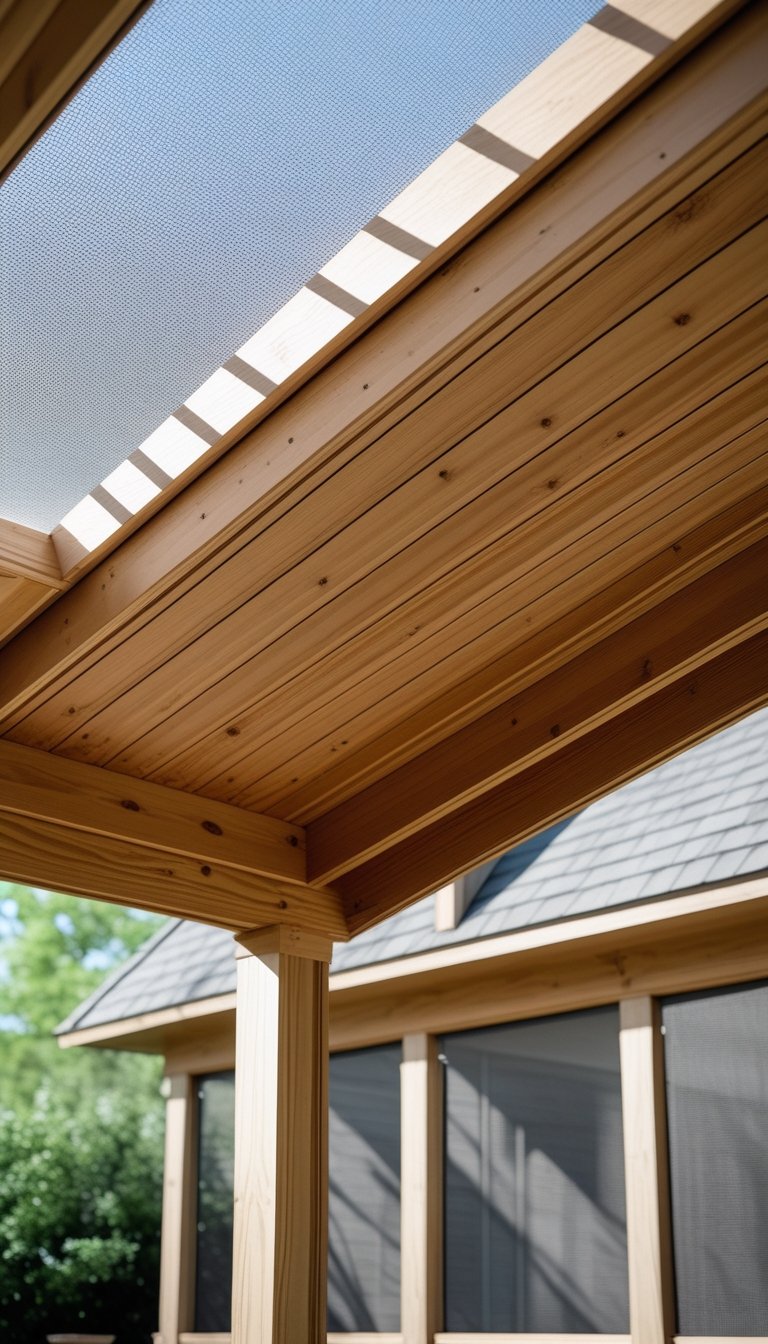 Close-up of a wooden tongue and groove roof sheathing on a screened-in porch with outdoor greenery visible through the screens.